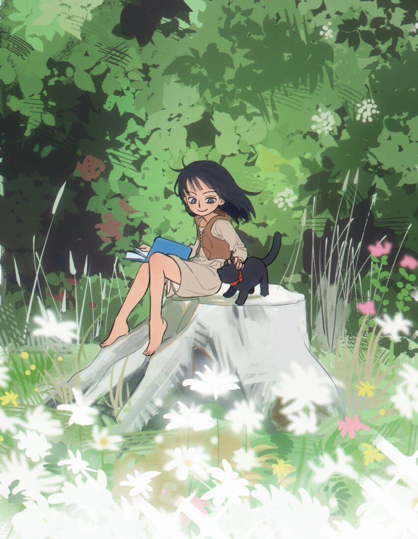 1girl absurdres aged_down animal barefoot black_cat black_hair blue_eyes blush book bush cat closed_mouth commentary day dress flower full_body highres holding holding_book long_sleeves looking_at_animal medium_hair nico_robin on_tree_stump one_piece open_book outdoors petting sitting smile sweetdou3 symbol-only_commentary tree_stump vest