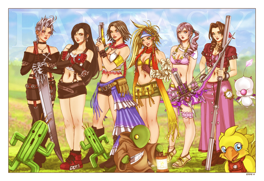 6+girls aerith_gainsborough black_hair blonde_hair breasts brown_hair cleavage earrings feet final_fantasy final_fantasy_vii final_fantasy_x final_fantasy_x-2 final_fantasy_xiii fingerless_gloves gloves gun holding holding_gun holding_lantern holding_staff holding_sword holding_weapon jewelry lantern large_breasts long_hair medium_breasts multiple_girls navel paine red_footwear red_gloves rikku_(ff10) sandals serah_farron shoes short_hair shorts silver_hair skirt sneakers staff standing suspenders sword tifa_lockhart toes weapon yuna