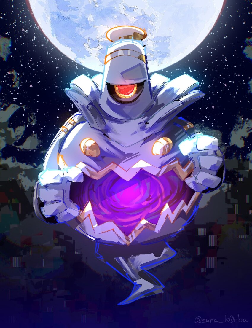 black_sclera colored_sclera dusknoir full_body gen_4_pokemon ghost glitch highres moon night nintendo no_humans one-eyed open_mouth outdoors pokemon pokemon_(creature) pokemon_focus red_eyes solo star_(sky) suna_k0nbu yellow_eyes