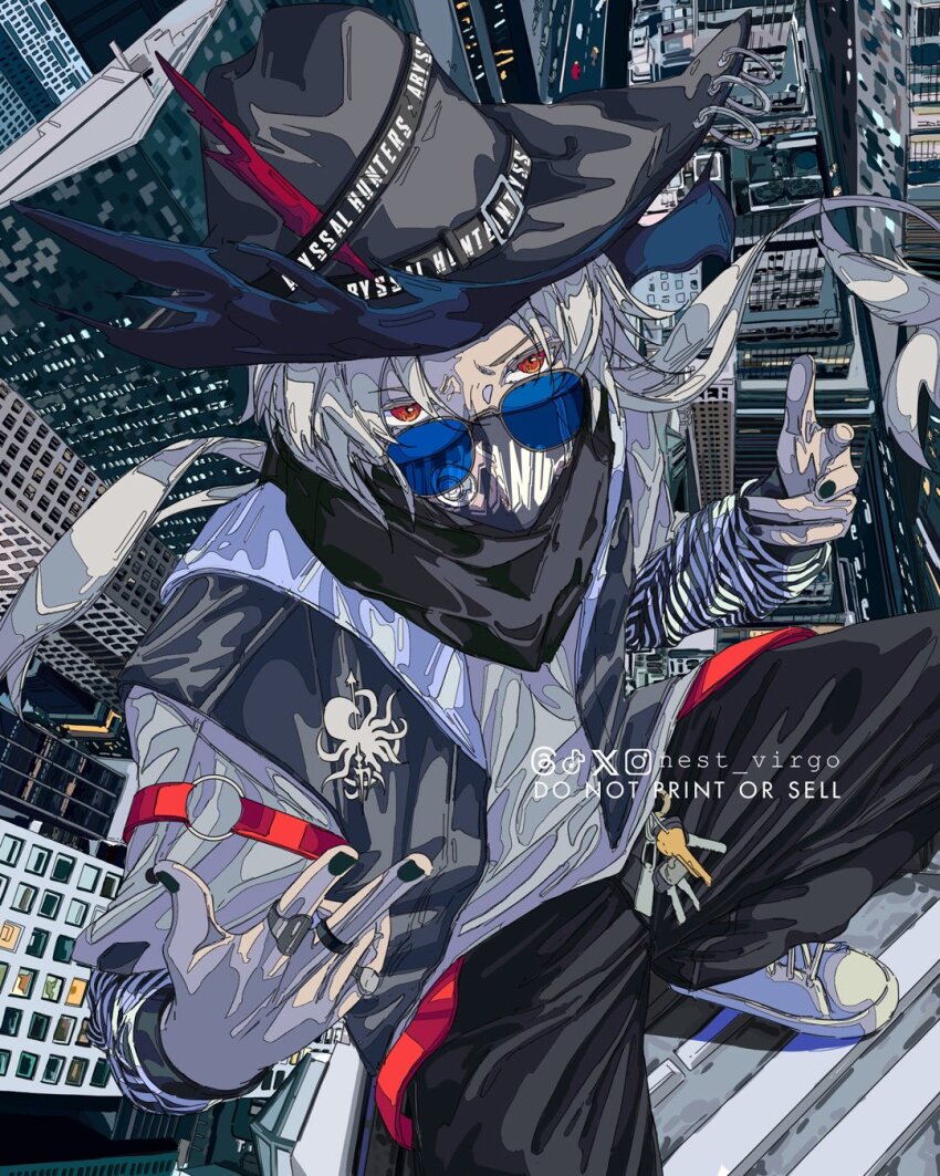 1boy alternate_costume arknights artist_name black_nails black_pants city from_above grey_shirt hat highres jacket long_sleeves looking_at_viewer male_focus mask mouth_mask nail_polish nest_virgo open_clothes open_jacket pants shirt shoes sneakers solo sunglasses ulpianus_(arknights) white_hair white_shoes