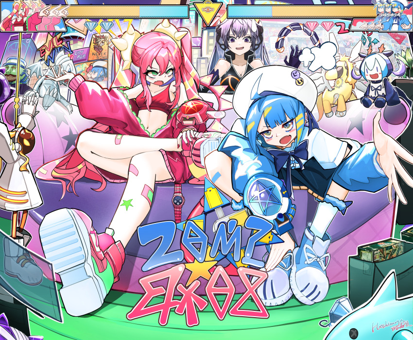 3girls absurdres ahoge bandages black_gloves blue-eyes_toon_dragon blue-eyes_white_dragon blue_boots blue_bow blue_eyes blue_jacket blush boots bow box breasts brown_eyes brown_hair cleavage coach collarbone crop_top duel_disk duel_monster fake_tail fighting_game figure_four_sitting gloves health_bar highres i:p_masquerena jacket ki-sikil_(yu-gi-oh!) knees_apart_feet_together knightmare_unicorn large_breasts laundry_dragonmaid leaning_forward lil-la_(yu-gi-oh!) live_twin_ki-sikil live_twin_lil-la long_sleeves looking_at_another medium_breasts midriff multiple_girls navel open_mouth pink_boots pink_hair pink_jacket pink_nails pot_of_greed signature sitting smile spright_red stuffed_toy tail virtual_youtuber xinggong_shili yu-gi-oh!