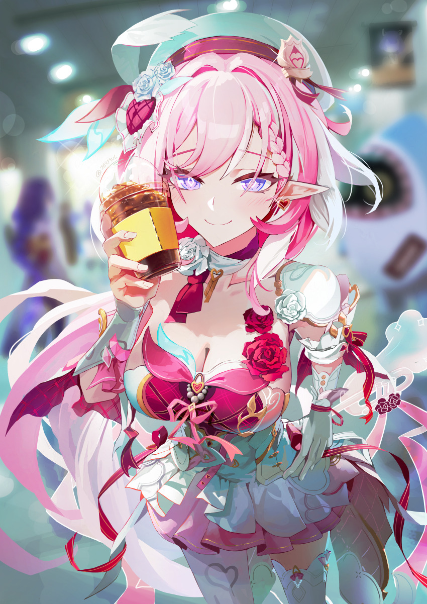 2girls absurdres bangboo_(zenless_zone_zero) blurry blurry_background braid breasts cleavage closed_mouth commentary cowboy_shot cup diamond-shaped_pupils diamond_(shape) disposable_cup dress earrings elysia_(hi_love_elf)_(honkai_impact) elysia_(honkai_impact) fingernails genshin_impact gloves hair_ornament hand_on_own_hip hat heart heart_earrings heart_hair_ornament highres holding holding_cup honkai_(series) honkai_impact_3rd jelmul jewelry large_breasts leaning_forward long_hair looking_at_viewer mihoyo multicolored_hair multiple_girls pantyhose people photo_background pink_hair pink_skirt pointy_ears purple_eyes raiden_shogun sharkboo_(zenless_zone_zero) single_glove single_leg_pantyhose single_thighhigh skirt smile solo_focus streaked_hair symbol-shaped_pupils thighhighs very_long_hair white_dress white_gloves white_hat white_pantyhose white_thighhighs zenless_zone_zero