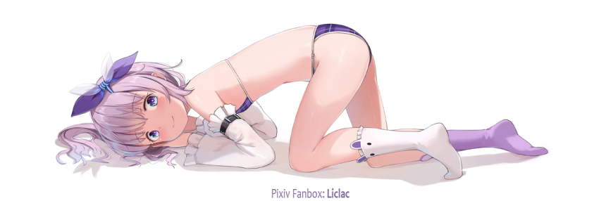 1girl ass asymmetrical_legwear bikini blue_eyes closed_mouth commentary_request detached_sleeves frilled_sleeves frilled_socks frills from_side full_body hair_ribbon liclac long_sleeves looking_at_viewer looking_to_the_side mismatched_legwear no_shoes original plaid_bikini plaid_clothes purple_bikini purple_hair purple_ribbon purple_socks ribbon shadow smile socks soles solo swimsuit white_background white_sleeves white_socks