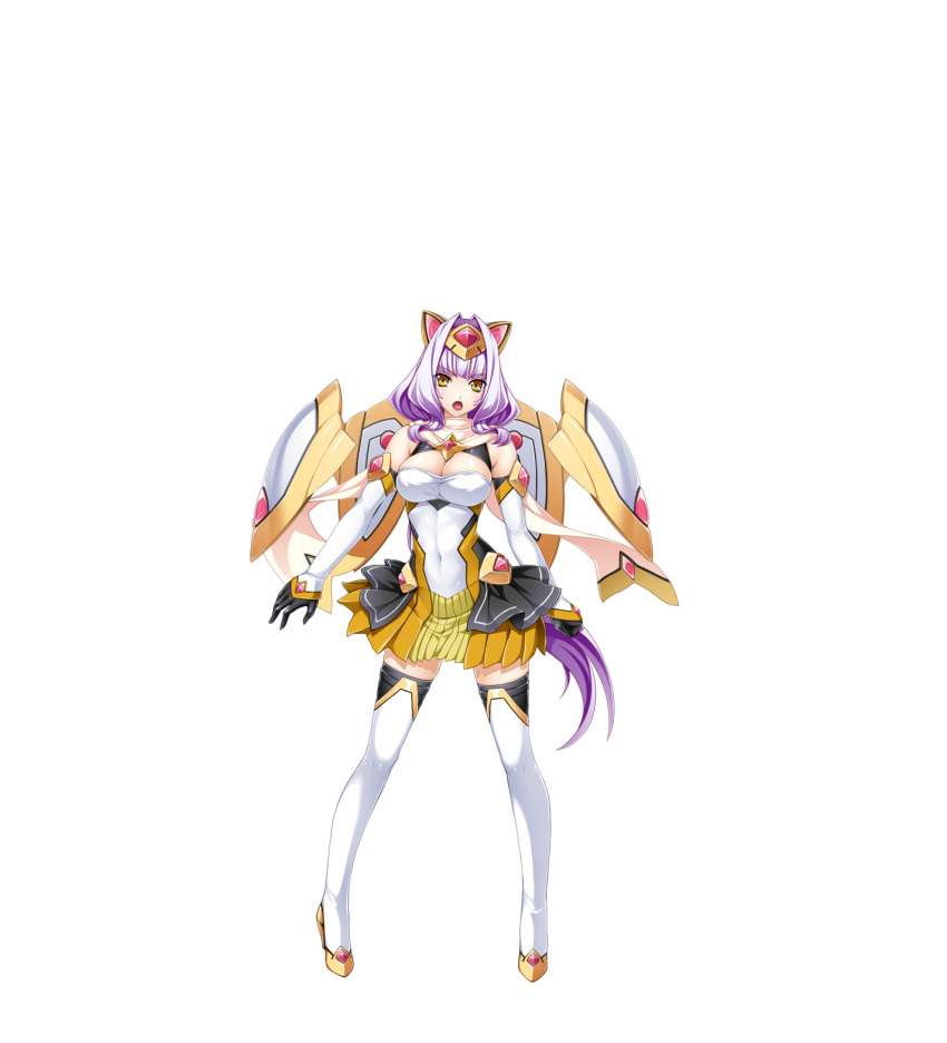 1girl animal_ears armor azarin_(kouyoku_senki_exs-tia) bare_shoulders black_gloves boots breasts cleavage clothing_cutout covered_navel detached_sleeves elbow_gloves exs-tia_magica full_body game_cg gem gloves hair_intakes hair_ornament high_heels highres inoino kouyoku_senki_exs-tia large_breasts large_variant_set legs_apart long_hair looking_at_viewer multicolored_hair non-web_source official_art open_mouth pleated_skirt purple_hair skirt solo standing tachi-e thigh_boots thighhighs transparent_background variant_set very_long_hair white_thighhighs yellow_eyes yellow_skirt zettai_ryouiki