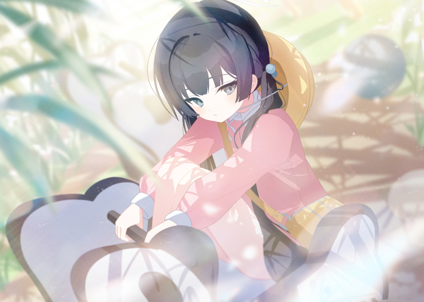 1girl black_hair black_skirt blue_archive commentary_request grey_eyes hair_bobbles hair_ornament hat kaerunrun kindergarten_uniform kisaki_(blue_archive) kisaki_(kindergarten_uniform)_(blue_archive) legs_together long_hair official_alternate_costume pink_shirt plant school_hat shirt skirt solo twintails yellow_bag yellow_hat