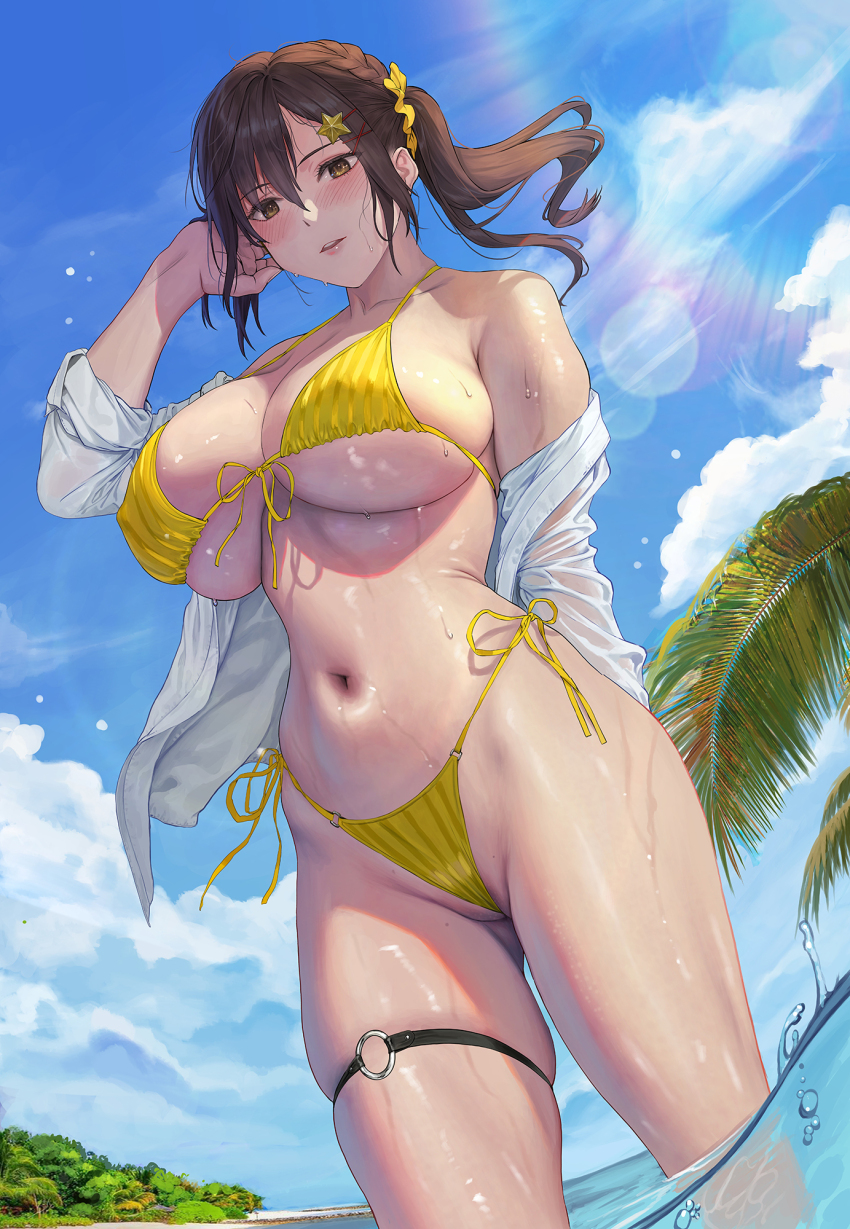 1girl adjusting_hair bikini breasts brown_eyes brown_hair cleft_of_venus dead_or_alive hair_ornament highres jeneral large_breasts long_hair looking_at_viewer misaki_(doa) navel o-ring off_shoulder open_clothes open_mouth open_shirt outdoors paid_reward_available partially_submerged partially_visible_vulva ponytail shirt solo standing star_(symbol) star_hair_ornament swimsuit wet wet_clothes wet_shirt white_shirt x_hair_ornament yellow_bikini