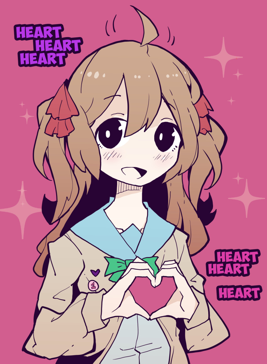 1girl ahoge akableak black_eyes blue_sailor_collar bright_pupils brown_cardigan brown_hair cardigan commentary english_text heart heart_hands highres indie_virtual_youtuber live2d_inc. long_hair long_sleeves looking_at_viewer neuro-sama open_mouth pink_background sailor_collar school_uniform serafuku simple_background solo sparkle two_side_up upper_body virtual_youtuber white_pupils