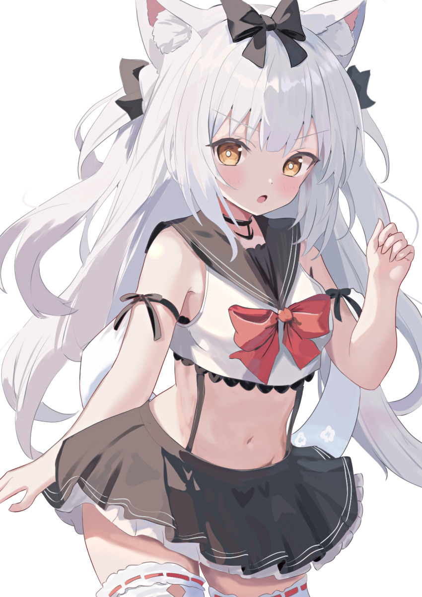 1girl anchor_choker animal_ear_fluff animal_ears azur_lane black_bow black_sailor_collar black_skirt blush bow cat_ears cat_girl cowboy_shot crop_top hair_bow highres long_hair looking_at_viewer midriff miniskirt natsuki_(natsu_1936) navel open_mouth orange_eyes pleated_skirt red_bow ribbon-trimmed_thighhighs ribbon_trim sailor_collar school_uniform serafuku simple_background skirt solo stomach thighhighs white_background white_hair white_thighhighs yukikaze_(azur_lane)