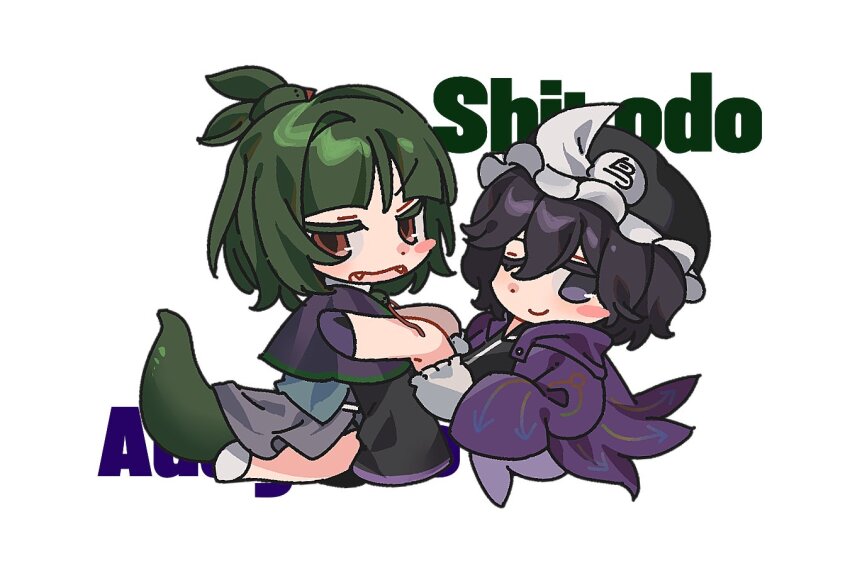 2others adagumo_no_saragimaru androgynous annoyed arrow_print bare_legs black_hat black_shirt blue_shorts blue_vest blush_stickers capelet character_name chibi closed_mouth collared_shirt commentary dot_nose fangs frilled_headwear green_hair hair_between_eyes hair_ornament hat high_ponytail hood hood_down hooded_jacket jacket japanese_clothes kneeling legs_on_another&#039;s_shoulders len&#039;en long_sleeves looking_at_viewer mob_cap multiple_others one_eye_closed open_clothes open_jacket open_vest other_focus ponytail purple_capelet purple_eyes purple_footwear purple_hair purple_jacket red_eyes scarf shirt shitodo_kuroji shoes short_hair short_ponytail shorts simple_background single_blush_sticker sitting sleeves_past_fingers sleeves_past_wrists smile snake_hair_ornament snake_tail socks split_ponytail symbol-only_commentary tail triangular_headpiece v-shaped_eyebrows vest white_background white_scarf white_shorts white_socks xiao_ganju_nailuo zipper