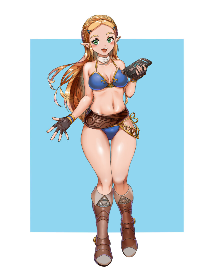 1girl belt bikini blonde_hair blue_background blue_bikini blush boots border braid breasts brown_belt brown_boots brown_gloves commentary_request crown_braid fingerless_gloves fold-over_boots full_body gloves gold_trim green_eyes highres holding long_hair looking_at_viewer medium_breasts navel nintendo open_mouth outside_border pointy_ears princess_zelda sheikah_slate side-tie_bikini_bottom smile solo stomach string_bikini swimsuit teeth the_legend_of_zelda the_legend_of_zelda:_breath_of_the_wild upper_teeth_only wasabi_(legemd) white_border