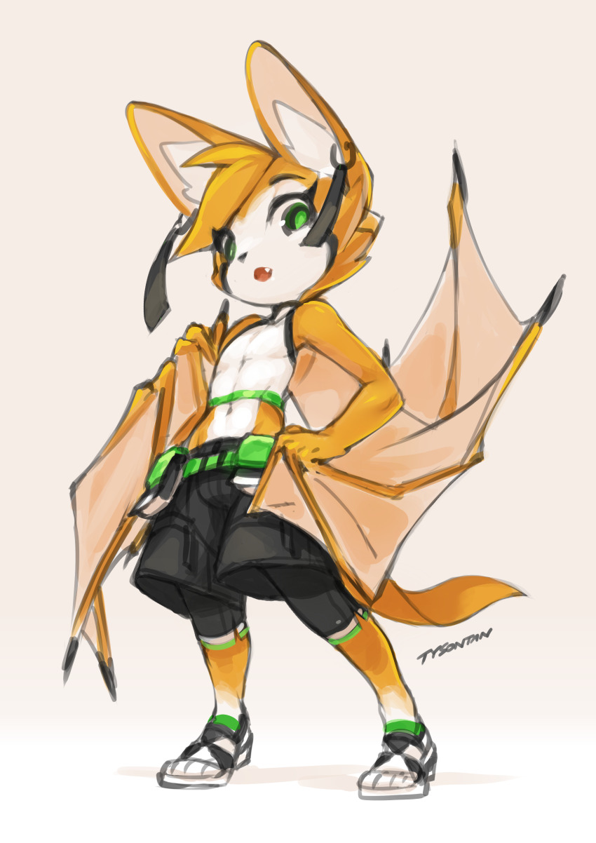 1boy 2018 absurdres animal_ears bat_(animal) bat_ears bat_tail bat_wings bike_shorts black_nails black_shorts blonde_hair choker crop_top crossover deltoids downturned_eyes dust:_an_elysian_tail ear_ornament fidget_(dust:_an_elysian_tail) freedom_planet_2 from_below furry furry_male genderswap genderswap_(ftm) green_eyes hair_tuft hand_on_own_hip highres krita_(medium) light_smile looking_at_viewer looking_down navel open_mouth parted_lips pectorals raised_inner_eyebrows sandals shorts signature simple_background standing toned tsurime tyson_tan vest waist_bag white_vest wings yellow_fur