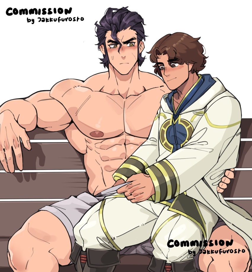 2boys abs artist_name balthus_von_albrecht bara bench black_hair blush brown_hair cloak closed_mouth commentary commission commissioner_insert english_commentary fire_emblem fire_emblem_heroes grey_shorts highres hood hood_down hooded_cloak jakkufurosto kiran_(fire_emblem) male_focus male_kiran_(fire_emblem) multiple_boys muscular muscular_male nintendo nipples original pectorals shorts sitting sitting_on_lap sitting_on_person smile sweatdrop topless_male white_background white_cloak yaoi