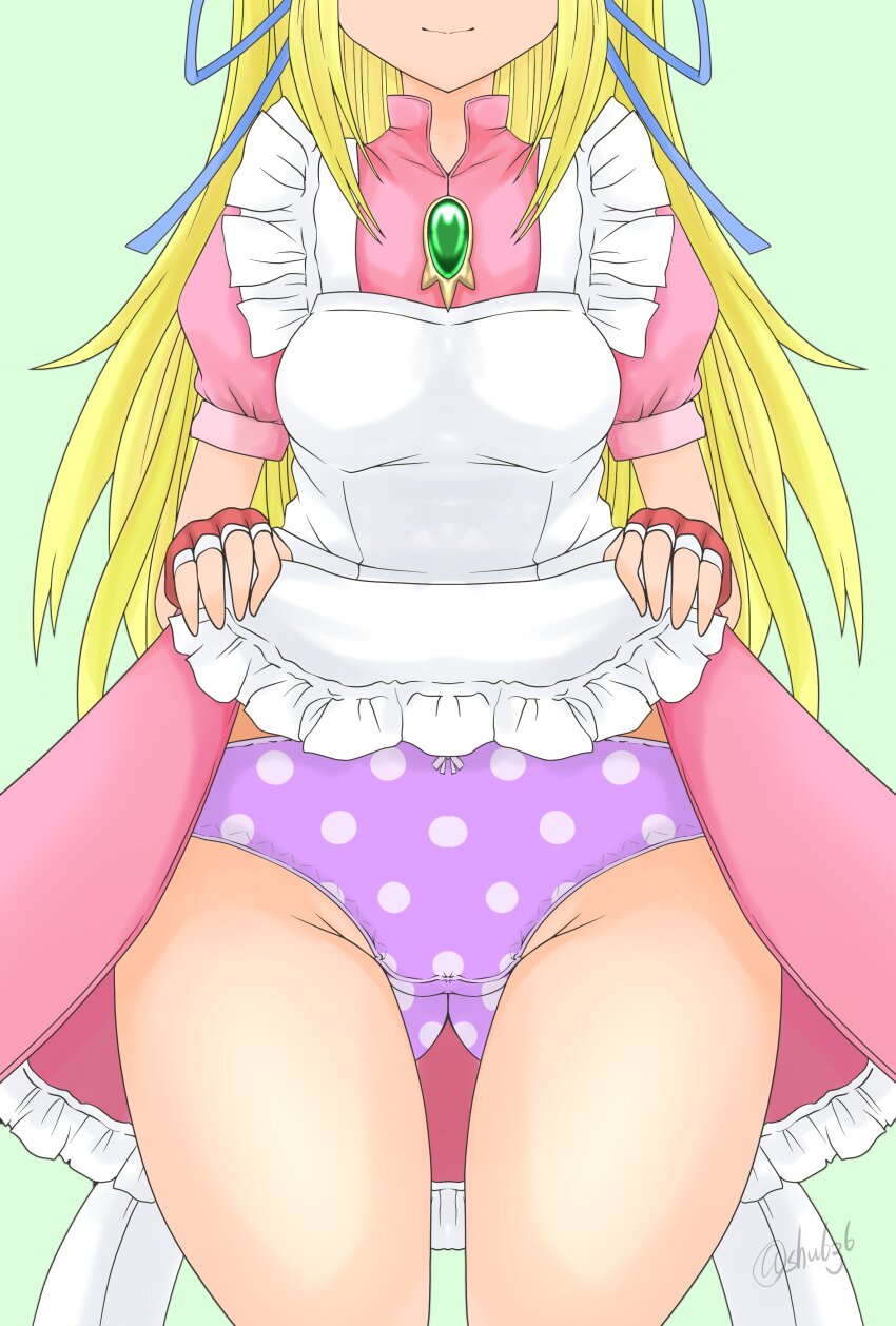 1girl absurdres apron blonde_hair blush clothes_lift commission dress dress_lift eyes_out_of_frame gloves head_out_of_frame highres lifting_own_clothes lilith_aileron long_hair panties pink_dress polka_dot polka_dot_panties purple_panties ribbon short_hair shu~~n simple_background skirt skirt_lift smile solo tales_of_(series) tales_of_destiny underwear very_short_hair white_background white_polka_dots