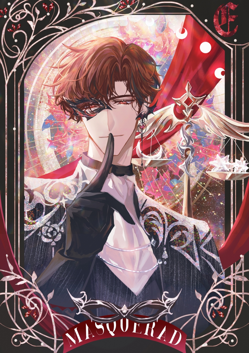 1boy absurdres angel&#039;s_trumpet ascot asymmetrical_bangs balance_scale bat_earrings black_border black_gloves black_jacket black_vest border brown_hair chinese_commentary closed_mouth crescent curtained_hair domino_mask earrings english_text finger_to_mouth flower gem gloves half_mask highres index_finger_raised jacket jewelry light_and_night_love long_sleeves looking_at_viewer lu_chen male_focus mask moon_phases open_clothes open_jacket ornate_border outside_border pinstripe_jacket pinstripe_pattern pinstripe_vest red_eyes red_flower red_gemstone red_ribbon ribbon short_hair shushing single_earring sky smile snow234 solo star_(sky) starry_sky stellated_octahedron upper_body vest weighing_scale white_ascot