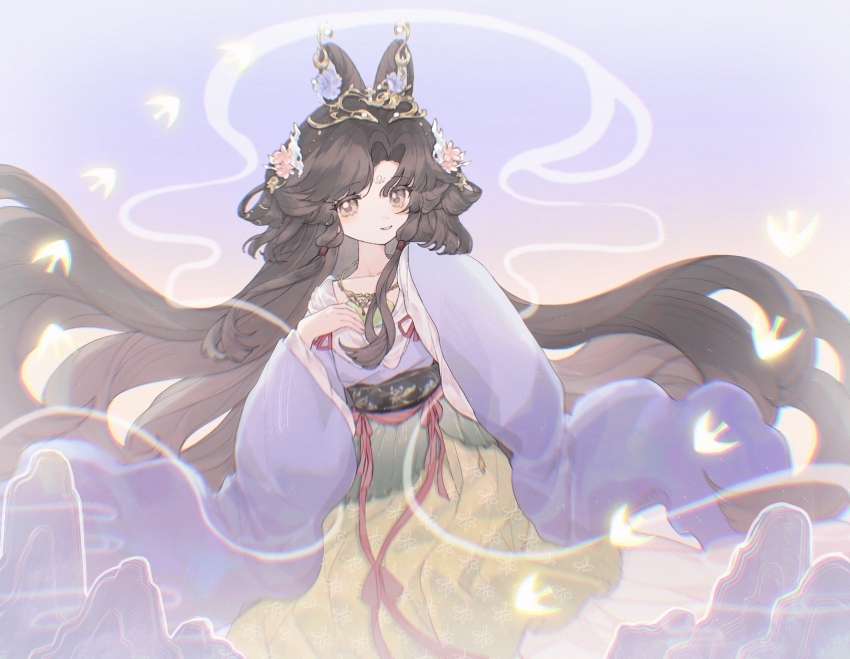1girl aa_huaju_pifa_ma_zong absurdres black_eyes black_hair chinese_clothes facial_mark feixianji_(hairstyle) floating_hair flower forehead_mark glowing_bird hagoromo hair_flower hair_ornament hair_rings hands_up hanfu highres huadian jewelry jiu_niangzi jiu_niangzi_(blossom_spring_fairy) long_hair long_skirt looking_at_viewer mountain necklace official_alternate_costume parted_bangs pink_flower purple_background purple_hanfu reverse:1999 shawl skirt sleeves_past_fingers sleeves_past_wrists solo upper_body very_long_hair white_shawl wide_sleeves yellow_skirt