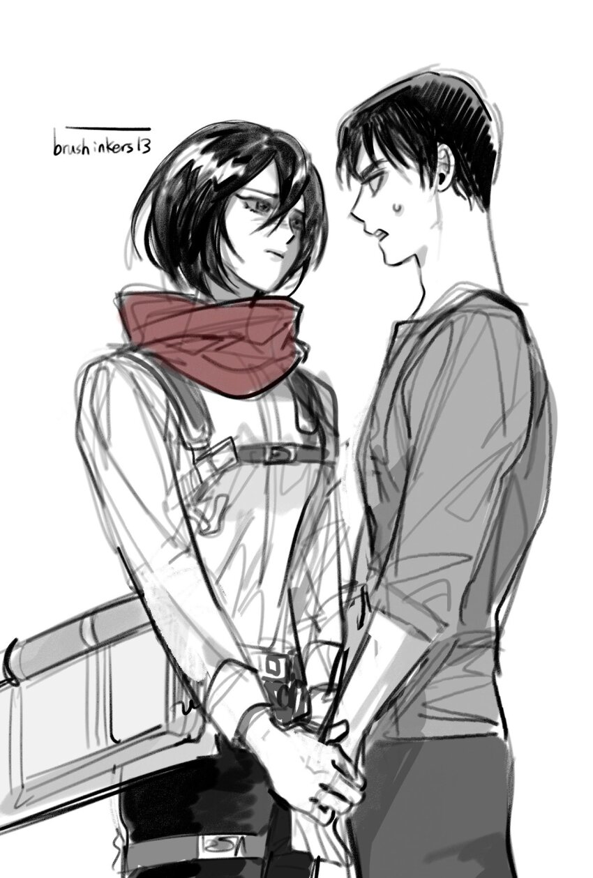 1boy 1girl black_hair black_pants breasts cowboy_shot eren_yeager furrowed_brow grey_pants grey_shirt hair_between_eyes harness highres holding_another&#039;s_wrist looking_at_another medium_breasts mikasa_ackerman nul open_mouth pants red_scarf scarf shingeki_no_kyojin shirt short_hair sketch sweatdrop three-dimensional_maneuver_gear white_background white_shirt