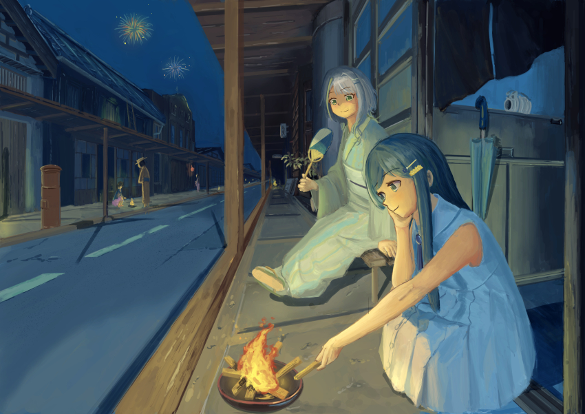 2girls a.i._voice absurdres alternate_costume blonde_streaks blue_eyes blue_hair blue_ribbon blunt_bangs brooch cevio closed_mouth collared_dress crossed_legs dress e elbow_rest fire firewood fireworks futaba_minato green_eyes grey_hair hair_ornament hairclip hand_fan hand_on_own_cheek hand_on_own_face highres holding holding_fan incense_burner japanese_clothes jewelry kimono long_hair looking_at_object mailbox_(incoming_mail) medium_hair mosquito_coil multicolored_hair multiple_girls night noren obi obijime obon outdoors paper_fan people petrasche_(kunio_miracle) pleated_dress ribbon road sandals sash single_hair_intake sitting sleeveless sleeveless_dress sliding_doors smile squatting streaked_hair street swept_bangs tsunose_kotone uchiwa umbrella underlighting white_dress wide_sleeves zouri