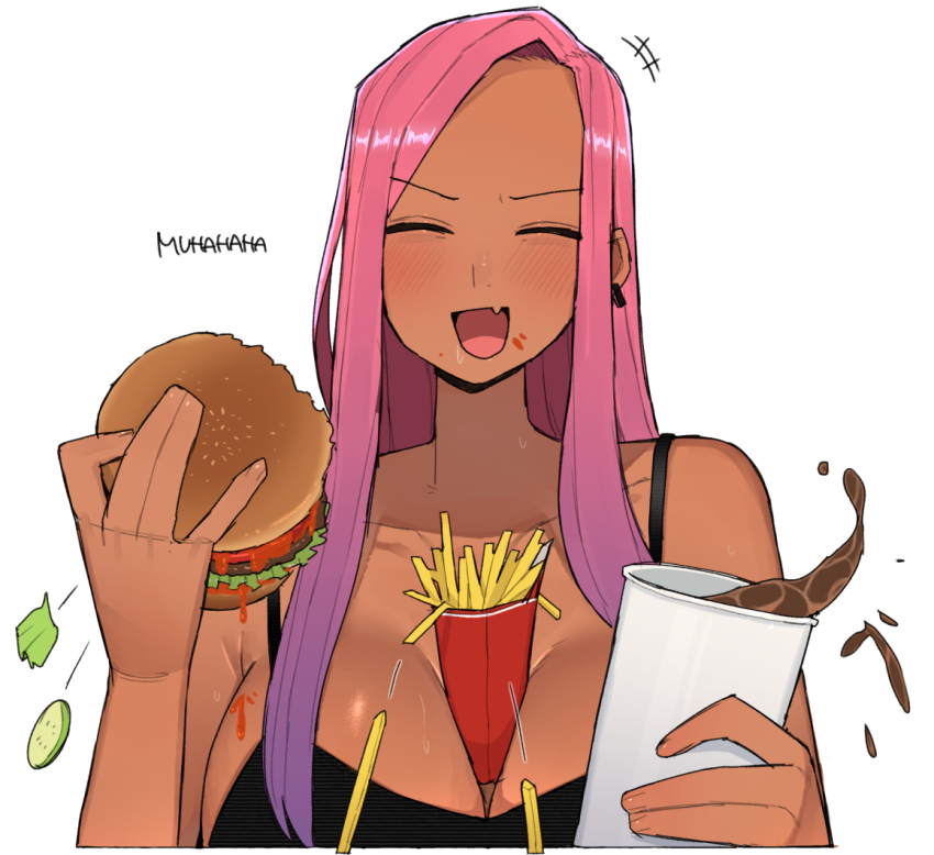 1girl between_breasts blush breasts burger cleavage cup dark-skinned_female dark_skin disposable_cup english_text food french_fries large_breasts long_hair looking_at_viewer ohasi open_mouth original pink_(ohasi) pink_hair simple_background solo white_background