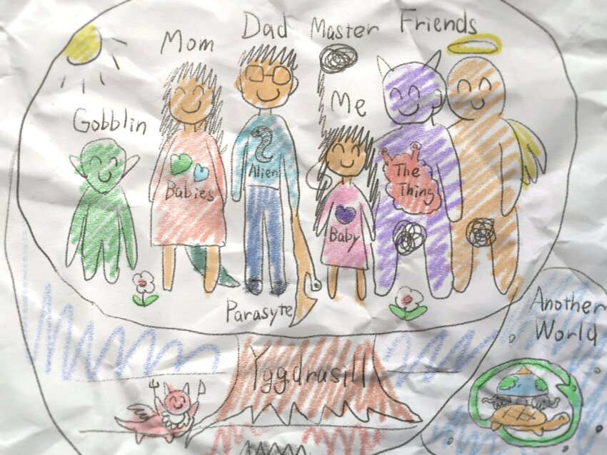 2girls 4boys ^_^ alien_(series) angel angel_wings bib censored cheating_(relationship) chestburster child&#039;s_drawing chimera closed_eyes closed_mouth commentary_request crossover demon earth_(planet) elephant english_text father_and_daughter flower fork glasses goblin halo holding holding_fork holding_knife horns implied_pregnancy kiseijuu knife long_hair meme migi_(kiseijuu) mind_control mommy_daddy_doggy_and_me_(meme) mother_and_daughter multiple_boys multiple_girls nude ouroboros paper pedophile planet shirosato smile snake sun tail the_thing tree turtle wings yggdrasil