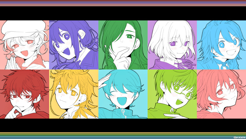 6+boys :3 :d blush chiganemaru_(touken_ranbu) closed_eyes earrings feather_earrings feathers gloves grin hair_over_one_eye hanjin_(touken_ranbu) hat hetaratable hizen_tadahiro honebami_toushirou horikawa_kunihiro jewelry kotegiri_gou long_hair looking_at_viewer low_ponytail male_focus mole mole_under_eye monoyoshi_sadamune multicolored_background multiple_boys namazuo_toushirou nikkari_aoe open_mouth own_hands_together ponytail salute short_hair smile touken_ranbu upper_body urashima_kotetsu