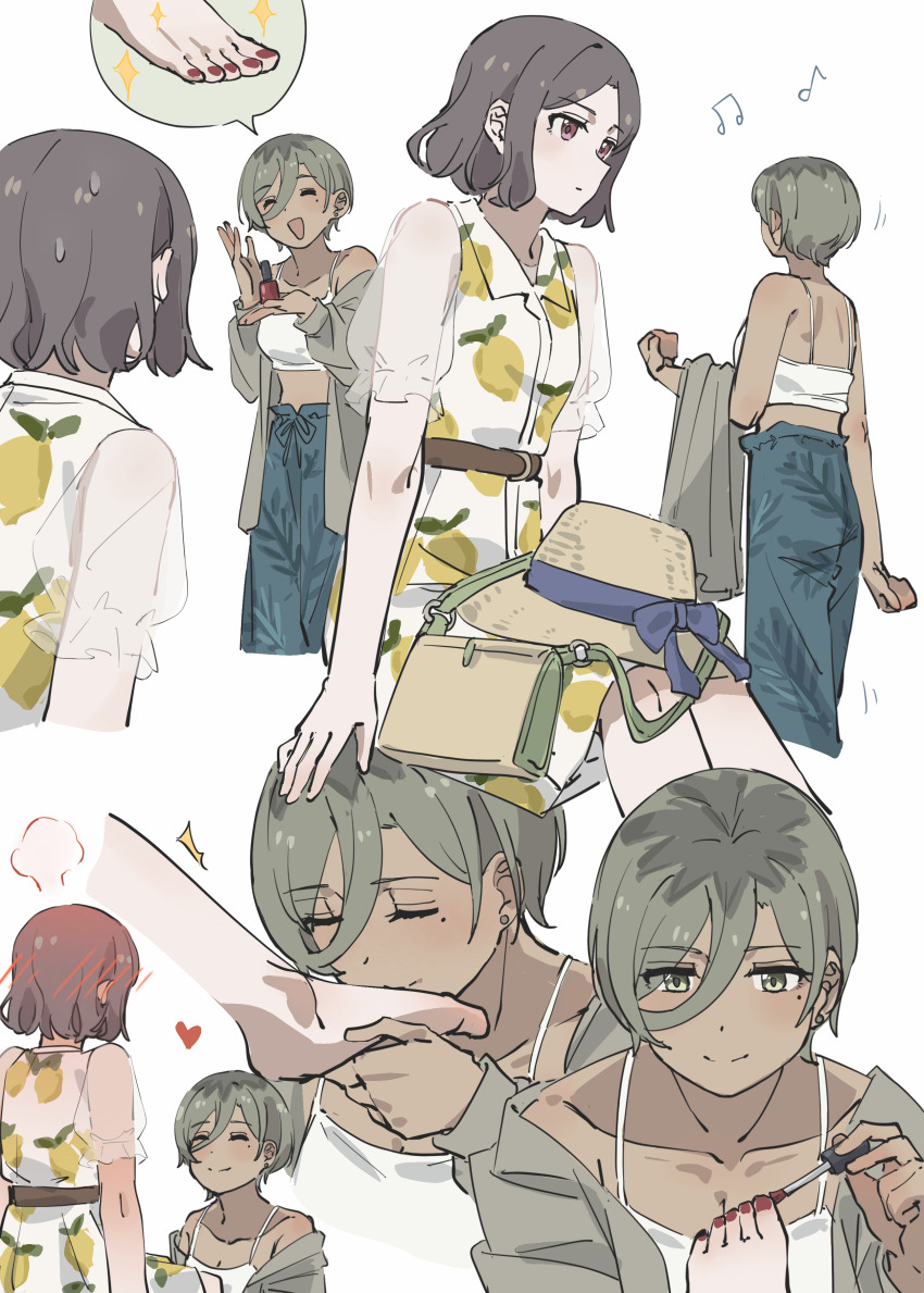 2girls absurdres applying_pedicure bare_shoulders barefoot beamed_eighth_notes blue_pants blush_visible_through_hair brown_hair camisole closed_eyes closed_mouth commentary cosmetics dark-skinned_female dark_skin dress ebizuka_tomo eighth_note fafayu feet food_print foot_focus foot_worship fruit_print girls_band_cry green_eyes green_hair hat hat_on_lap heart highres holding_another&#039;s_foot kissing_foot lemon_print medium_hair mole mole_under_eye multiple_girls musical_note nail_polish nail_polish_bottle open_mouth pants print_dress red_nails rupa_(girls_band_cry) see-through_clothes see-through_sleeves short_hair simple_background sitting smile sparkle straw_hat sun_hat sweatdrop symbol-only_commentary toenail_polish toenails toes white_background white_camisole white_dress yuri