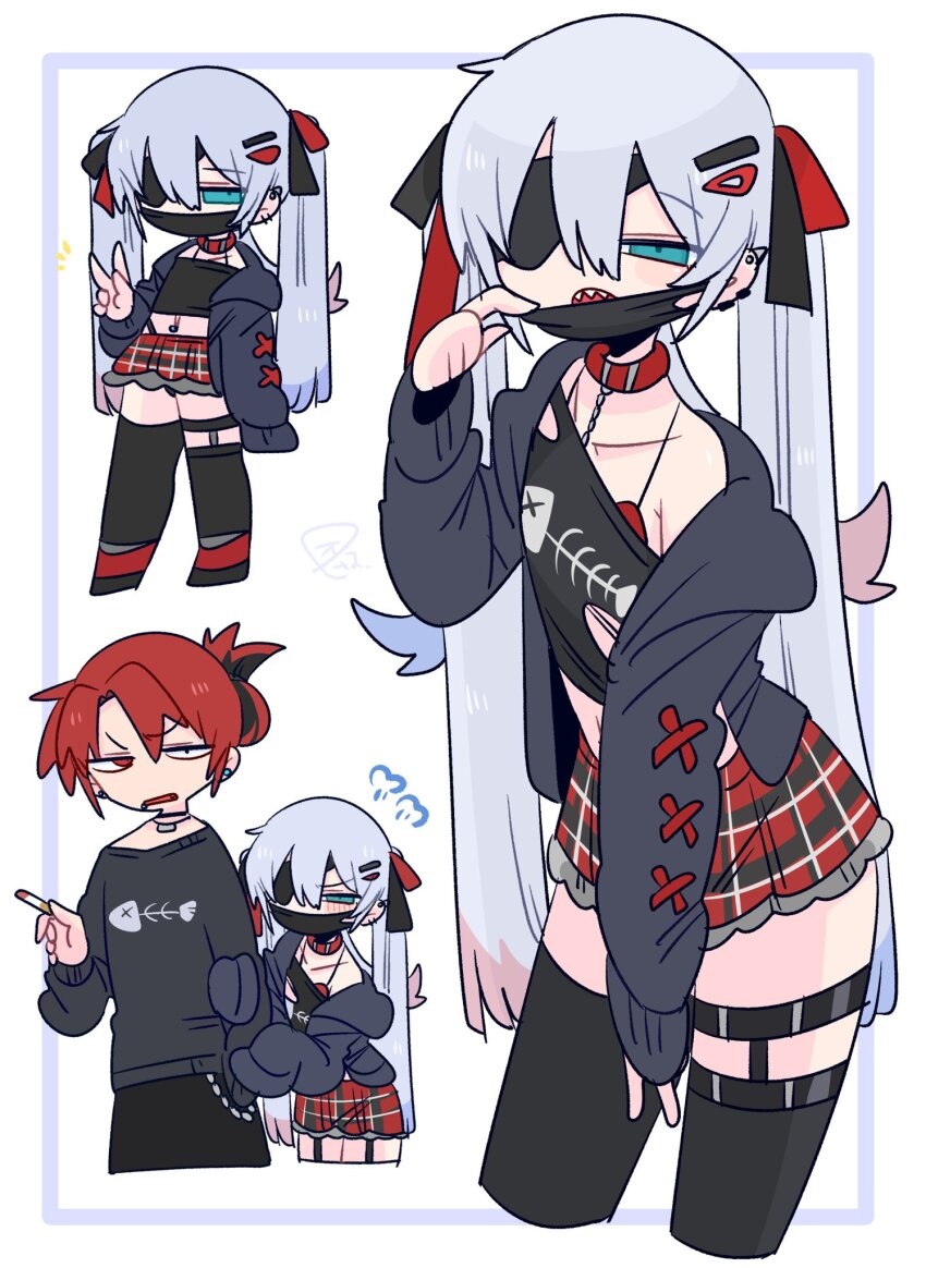 1boy 2boys :o armpit_crease asymmetrical_legwear bare_shoulders black_bow black_mask black_panties black_pants black_shirt black_thighhighs black_tube_top blue_eyes blue_hair blush bow bulge cardigan cigarette clothes_grab collar collarbone colored_tips commentary covered_mouth cowboy_shot crossdressing crossdressing_(mtf) double-parted_bangs ear_piercing eyepatch fang fangs fish_skeleton fish_skeleton_print flipped_hair full_body furrowed_brow grabbing_another&#039;s_arm grey_cardigan hair_between_eyes hair_bow hair_ornament hairclip hand_up highleg highleg_panties highres holding holding_cigarette long_hair long_sleeves looking_at_viewer male_focus mask midriff miniskirt mismatched_pupils mouth_mask multicolored_bow multicolored_hair multiple_boys multiple_views narrowed_eyes navel navel_piercing no_nose off_shoulder one_eye_covered op_na_yarou open_cardigan open_clothes open_mouth original panties pants panty_straps piercing plaid_clothes plaid_skirt print_shirt puff_of_air quad_tails red_bow red_collar red_hair rigel_(op_na_yarou) shirt short_hair sidelocks simple_background skirt sleeves_past_fingers sleeves_past_wrists standing straight_hair strapless thigh_strap thighhighs thighs trap tube_top underwear uneven_legwear v v-shaped_eyebrows very_long_hair watermark white_background white_hair