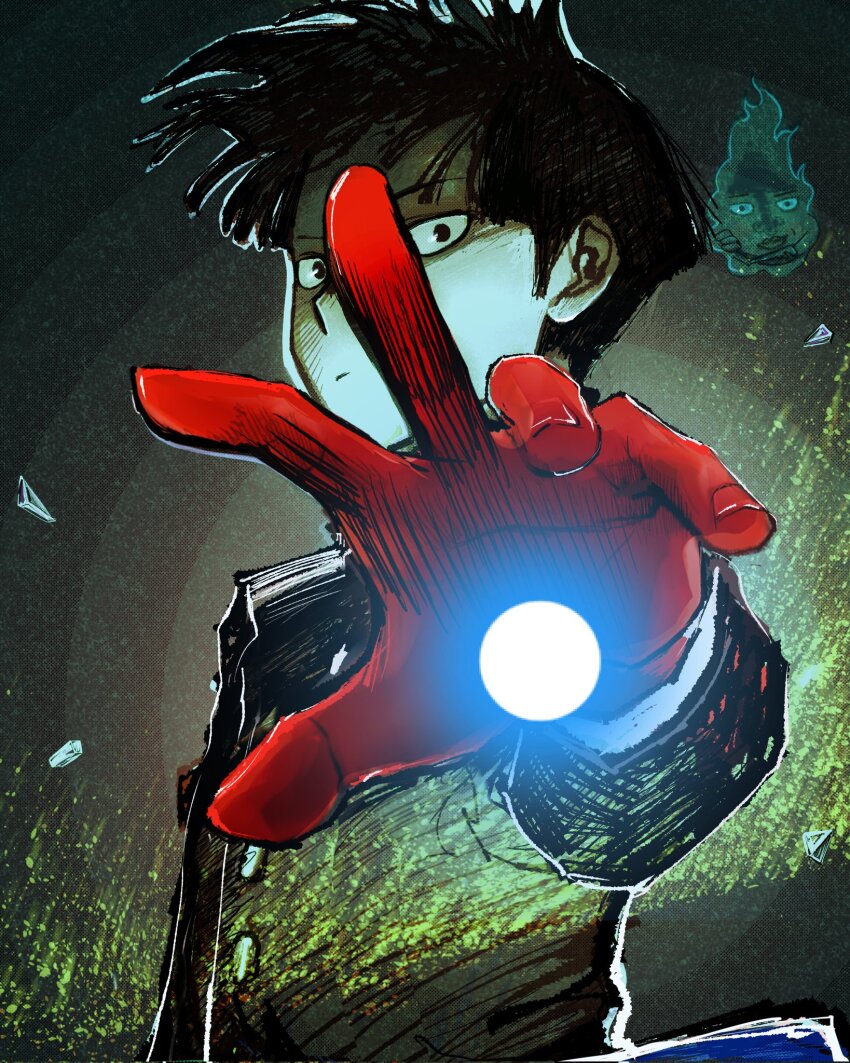1boy black_eyes black_hair commentary_request ekubo_(mob_psycho_100) energy_ball foreshortening gakuran highres kageyama_shigeo male_focus mob_psycho_100 nisino2222 reaching reaching_towards_viewer school_uniform serious upper_body