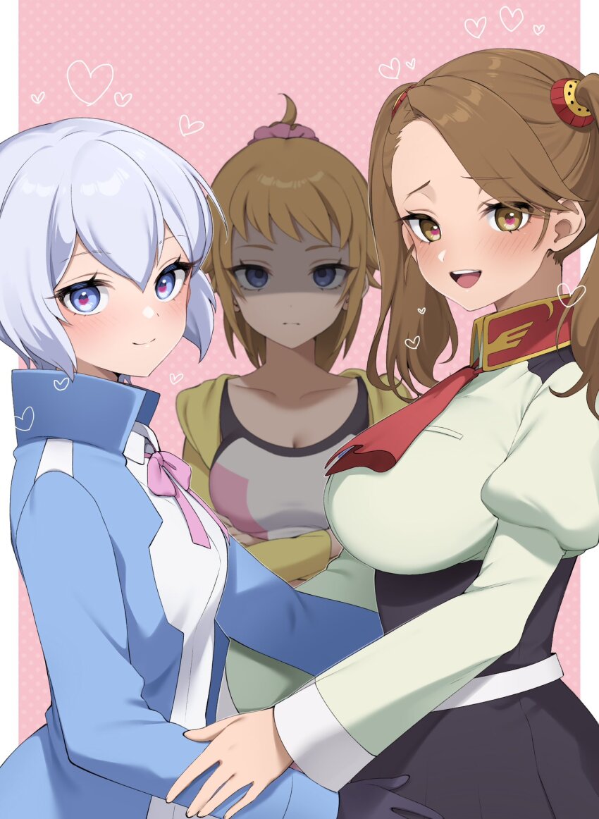 3girls angry bike_shorts blue_eyes blush border breasts brown_eyes brown_hair campbell_xx collarbone collared_shirt crossed_arms grey_hair gundam gundam_build_fighters gundam_build_fighters_try heart heart-shaped_pupils high-waist_skirt highres hoshino_fumina jacket kijima_shia large_breasts long_hair looking_at_viewer medium_breasts midriff multiple_girls navel open_mouth pink_background ponytail sazaki_kaoruko scrunchie shirt short_hair skirt smile sports_bra symbol-shaped_pupils twintails two-tone_sports_bra white_border