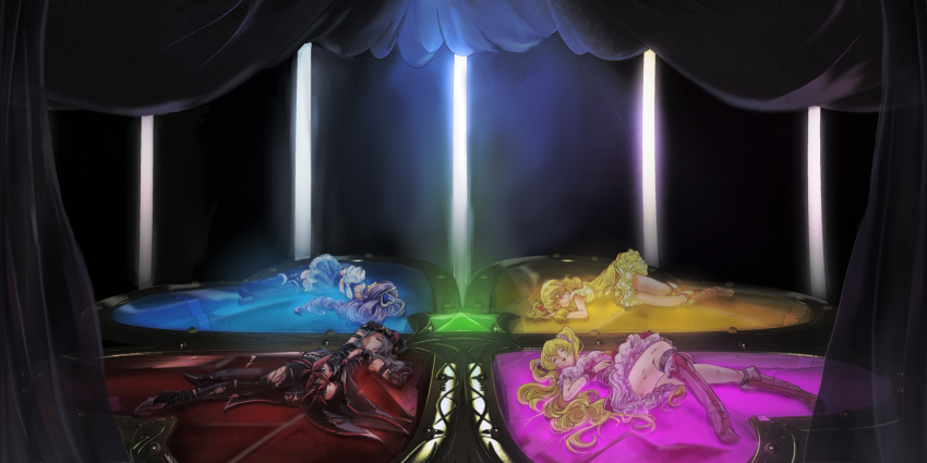 00s 4girls albino aono_miki black_legwear blonde_hair boots brown_hair circle_formation cure_berry cure_peach cure_pine eas_(fresh_precure!) fresh_precure! gloves goru_(cure_golgom) grey_hair higashi_setsuna highres long_hair lying magical_girl momozono_love multiple_girls on_side pink_boots precure purple_hair red_eyes short_hair side_ponytail skirt sleeping thigh_boots thighhighs torn_clothes torn_legwear twintails yamabuki_inori