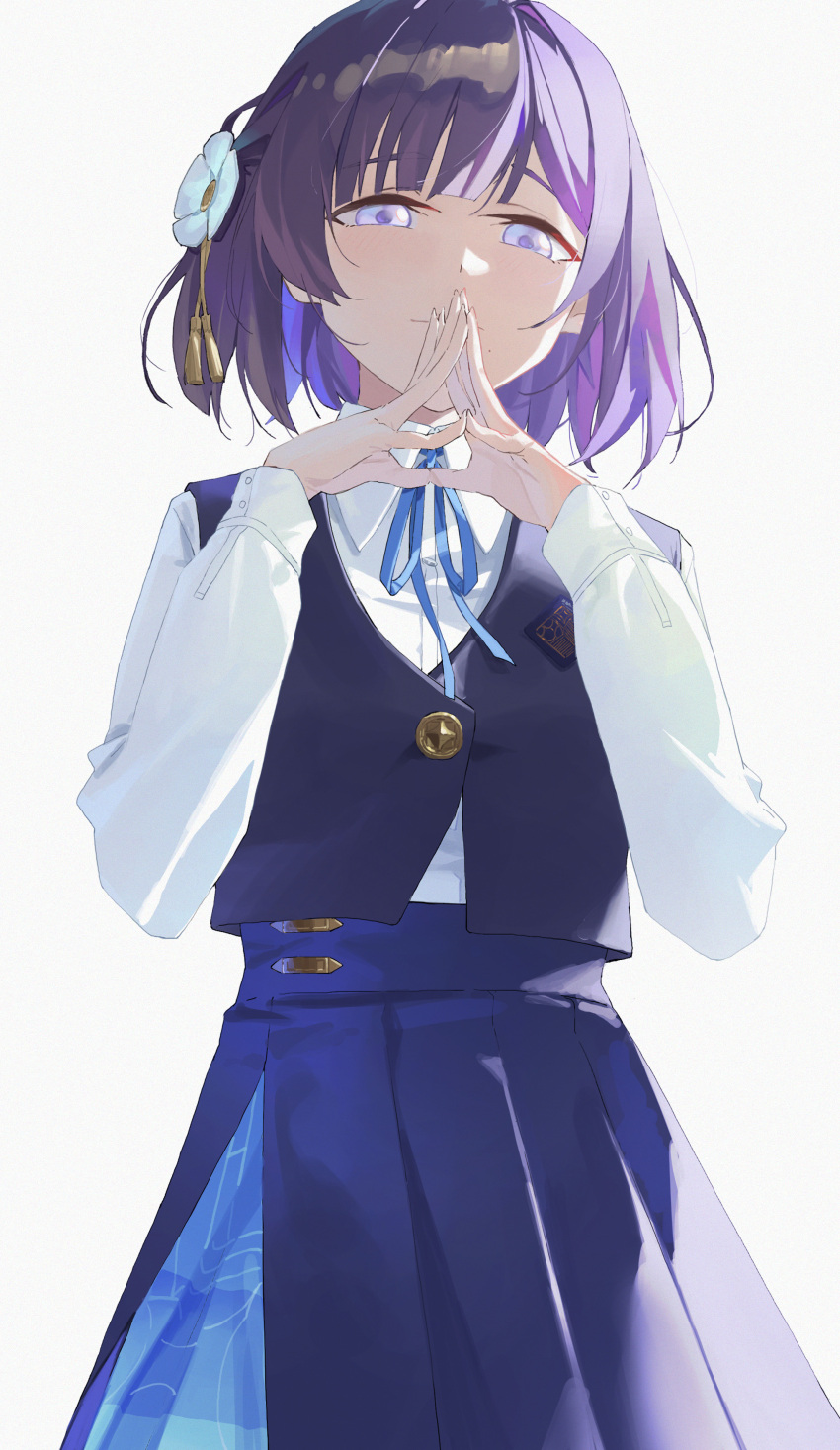 1girl absurdres blue_overskirt blue_ribbon blue_skirt blue_vest commentary gakuen_idolmaster hataya_misuzu highres idolmaster li-mi light_smile long_sleeves looking_at_viewer neck_ribbon own_hands_together pleated_skirt purple_hair ribbon shirt short_hair simple_background skirt skirt_set solo steepled_fingers vest white_background white_shirt
