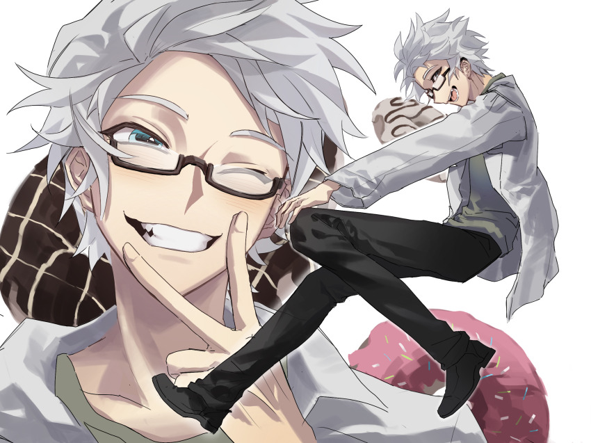 1boy black_pants black_shoes blue_eyes brown-framed_eyewear chinese_commentary commentary_request donut fang food full_body glasses green_shirt grey_hair grin hand_on_own_knee highres kanou_aogu lab_coat long_sleeves male_focus multiple_views one_eye_closed open_clothes open_mouth pants rectangular_eyewear saibou_shinkyoku scikoxd semi-rimless_eyewear shirt shoes short_hair smile white_background