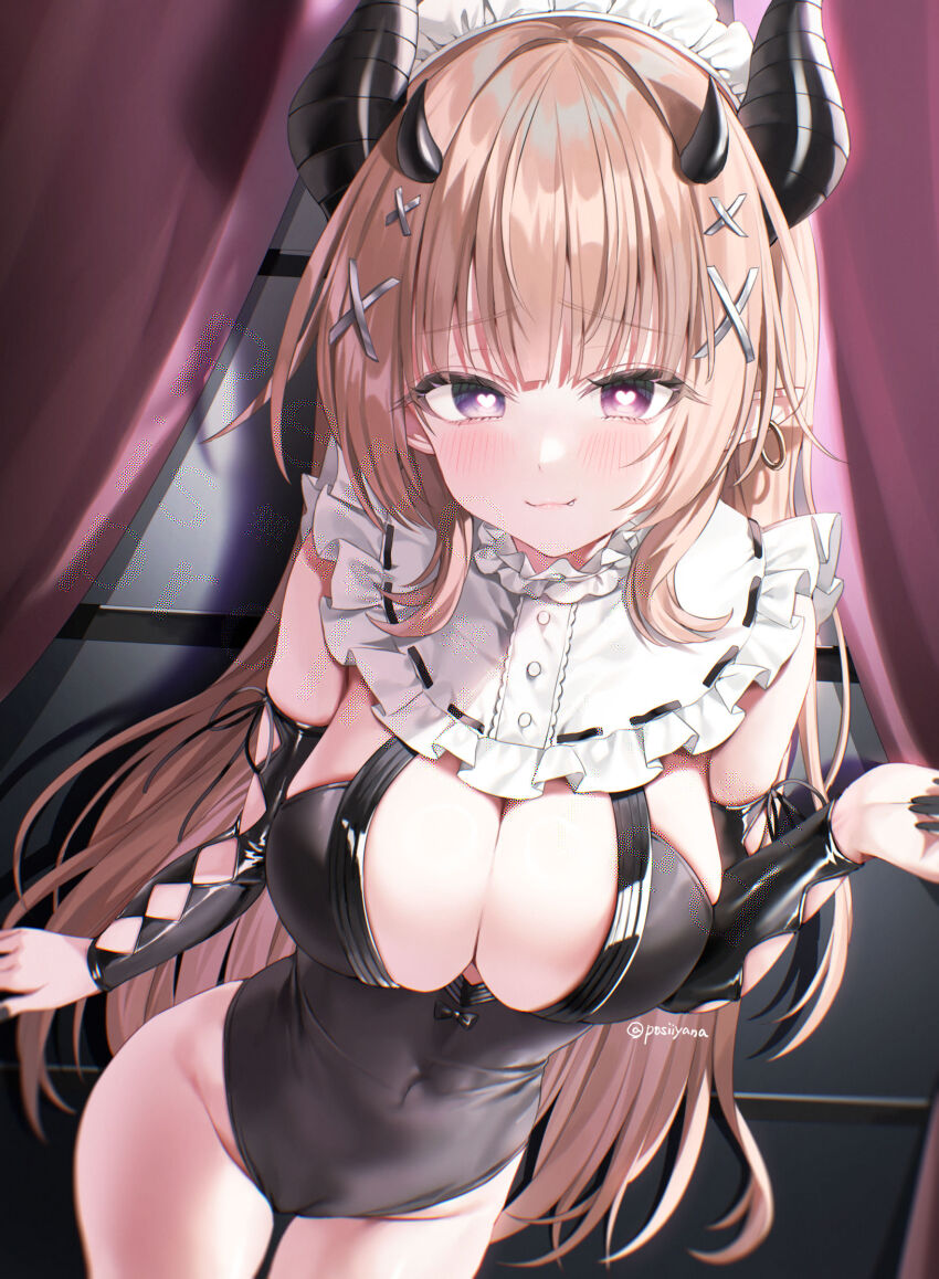 1girl :3 argyle_cutout bare_shoulders black_leotard blonde_hair breasts cameltoe cleavage closed_mouth clothing_cutout covered_navel cowboy_shot curtains demon_girl demon_horns detached_sleeves earrings fang frilled_shirt_collar frills hair_ornament hairclip hand_up heart heart-shaped_pupils heterochromia highleg highleg_leotard highres horns jewelry large_breasts leotard long_hair long_sleeves looking_at_viewer original pink_eyes pointy_ears purple_eyes smile solo standing symbol-shaped_pupils thighs very_long_hair x_hair_ornament yana_mori
