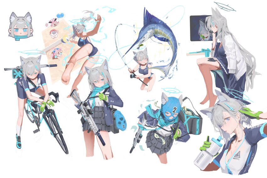 1boy 3girls absurdres assault_rifle bag baklava ball beach_volleyball bicycle blue_archive blue_eyes blue_footwear blue_halo bottle breasts bright_pupils cross_hair_ornament crossed_legs doodle_sensei_(blue_archive) fishing fishing_rod gloves green_gloves grey_hair gun hair_ornament halo highres holding holding_bottle holding_gun holding_weapon hoshino_(blue_archive) hoshino_(swimsuit)_(blue_archive) koharu_(blue_archive) koharu_(swimsuit)_(blue_archive) looking_at_viewer medium_breasts mismatched_pupils multiple_girls multiple_views niunaigaoban official_alternate_costume rifle running sensei_(blue_archive) shiroko_(blue_archive) shiroko_(cycling)_(blue_archive) shiroko_terror_(blue_archive) short_hair sig_sauer_556 simple_background single_glove sitting socks sweat volleyball volleyball_(object) weapon white_background white_pupils white_socks