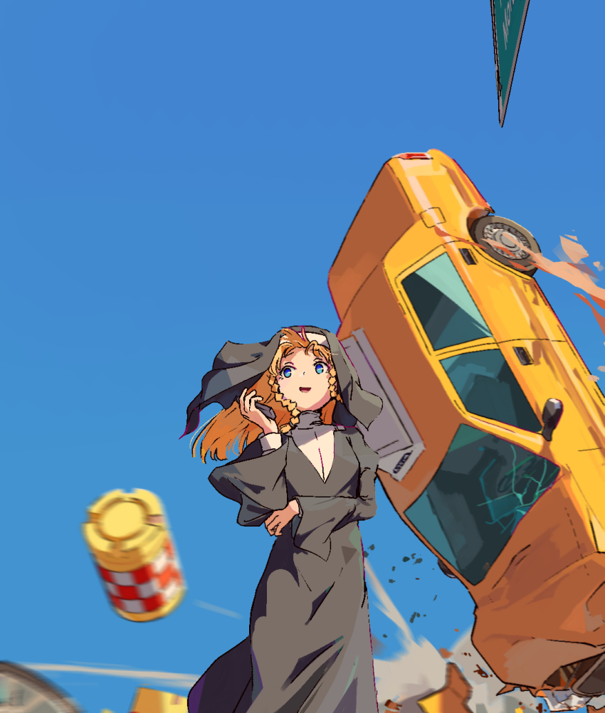 1girl anikari_(9rxxr72gzagsn9p) black_dress black_veil blonde_hair blue_background blue_eyes blue_sky braid braided_sidelocks car car_crash dress feet_out_of_frame floating_hair guimpe highres holding holding_phone layered_sleeves long_dress long_hair long_sleeves motor_vehicle nun open_mouth original phone sky smile solo taxi traditional_nun twin_braids veil wide_sleeves yellow_car