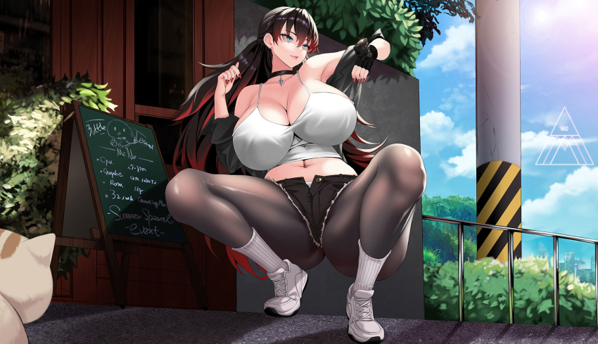 1girl artist_logo black_choker black_gloves black_hair black_shorts blue_eyes breasts bush camisole cat choker cloud collarbone commission fingerless_gloves gloves hair_between_eyes highres large_breasts lips logo long_hair mad_kimo multicolored_hair navel open_fly original pantyhose red_hair red_nails shadow shoes shorts sky sneakers socks solo squatting streaked_hair white_camisole white_shoes white_socks