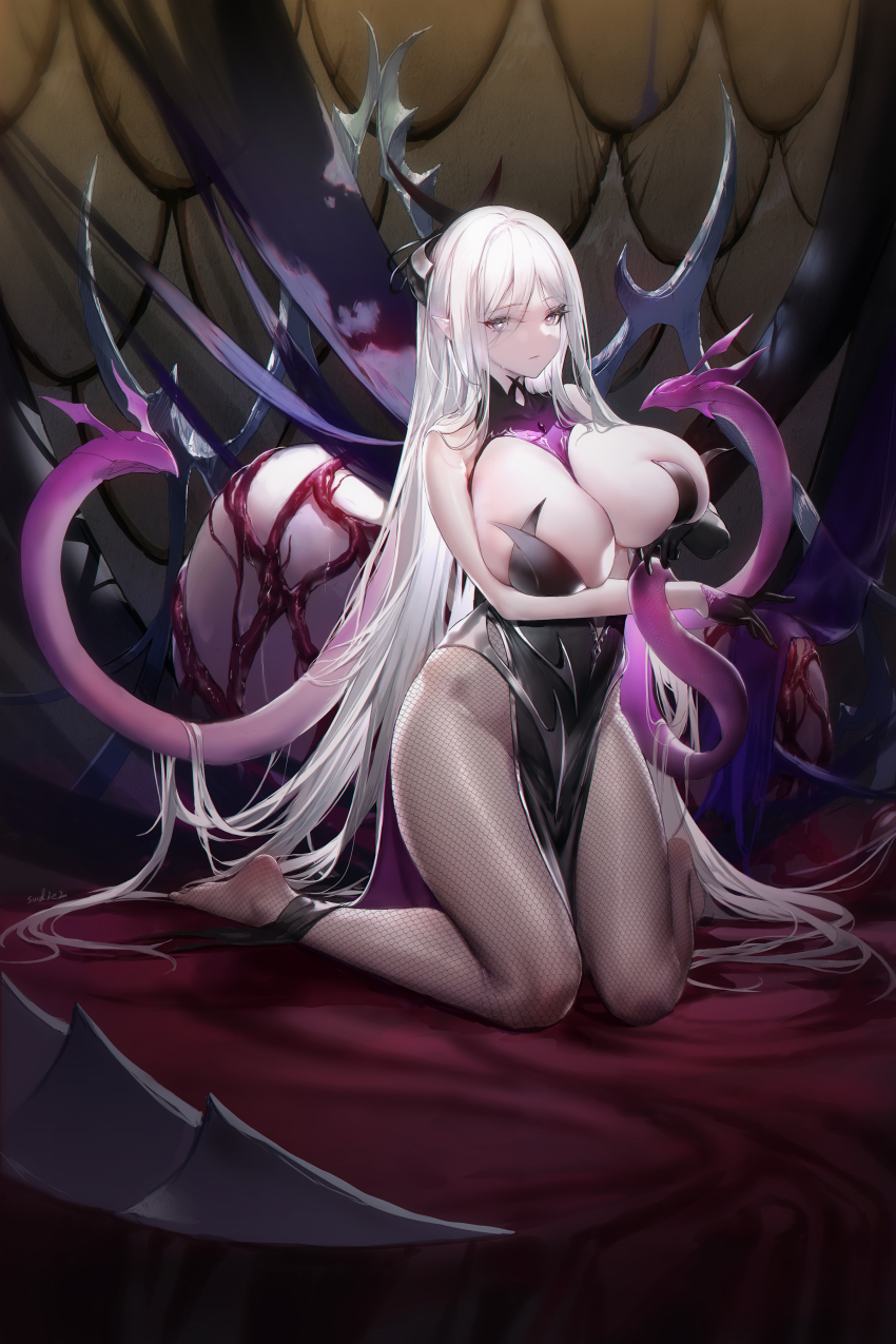 1girl absurdly_long_hair absurdres astarte_(closers) black_gloves breasts cleavage closers eyes_visible_through_hair fishnet_pantyhose fishnets gloves half_gloves highres huge_breasts kneeling long_hair looking_at_viewer pantyhose pelvic_curtain pointy_ears skindentation solo swd3e2 tentacles very_long_hair white_eyes white_hair yellow_eyes