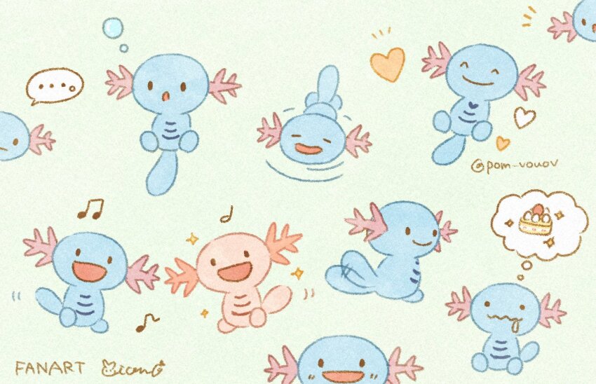^_^ alternate_color bubble cake closed_eyes dessert food full_body game_freak gen_2_pokemon heart looking_at_viewer looking_back mian_(user_kwcj2833) musical_note nintendo no_humans open_mouth pokemon pokemon_(creature) saliva shiny_pokemon smile sparkle speech_bubble tail white_background wooper