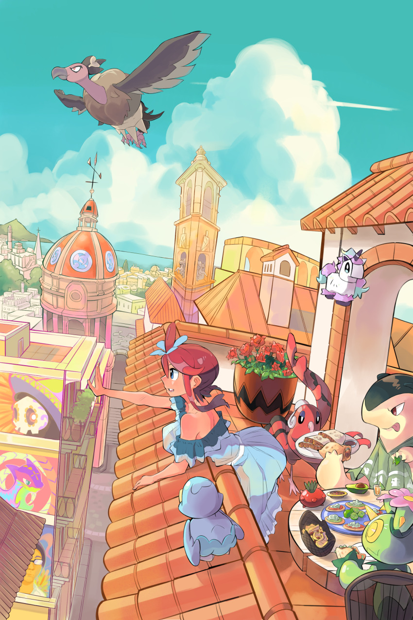 1girl 2024_pokemon_teraleak absurdres alternate_costume berry_(pokemon) blue_dress blue_eyes building commentary_request day dress ducklett duskull flower food galarian_form galarian_ponyta gen_2_pokemon gen_3_pokemon gen_5_pokemon gen_7_pokemon gen_8_pokemon highres kemomono_(hcpe8523) liepard mandibuzz maractus mexico nintendo off-shoulder_dress off_shoulder one_side_up open_mouth oricorio oricorio_(baile) outdoors outstretched_arm pokemon pokemon_(creature) pokemon_bw red_flower red_hair rooftop sky skyla_(pokemon) swept_bangs table teeth typhlosion