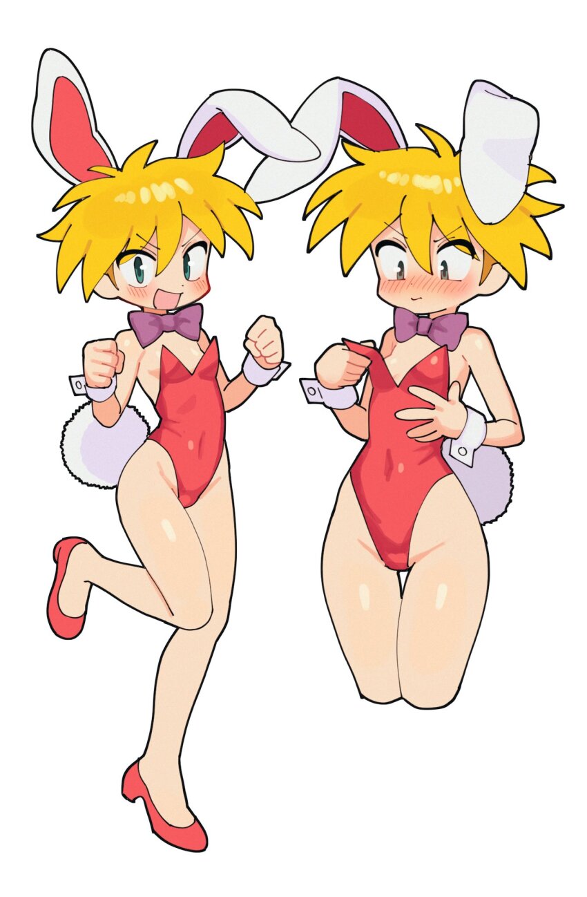 1girl animal_ears batrobin_k blonde_hair bow bowtie breasts dual_persona hair_between_eyes highres keiou_yuugekitai leotard nanahikari_rami playboy_bunny rabbit_ears rabbit_tail red_leotard red_shoes shoes short_hair simple_background small_breasts tail thigh_gap white_background wrist_cuffs