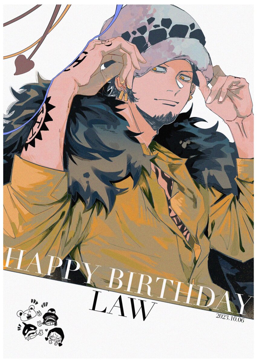 5boys arm_tattoo bear bepo_(one_piece) black_hair cape character_name collared_shirt commentary dated donquixote_rocinante earrings facial_hair fur-trimmed_cape fur_trim goatee hand_tattoo happy_birthday hat highres hood jewelry kro1055 light_smile multiple_boys one_piece penguin_(one_piece) shachi_(one_piece) shirt sideburns simple_background tattoo trafalgar_law v white_background yellow_eyes yellow_shirt