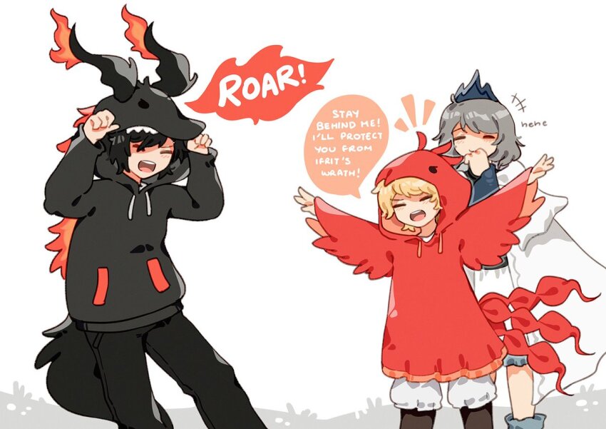 1girl 2boys black_hair blonde_hair brothers character_hood clive_rosfield cosplay english_text fake_horns fake_tail fenrishion final_fantasy final_fantasy_xvi grey_hair hand_to_own_mouth hood hoodie horned_hood horns ifrit_(final_fantasy) ifrit_(final_fantasy)_(cosplay) jill_warrick joshua_rosfield multiple_boys outstretched_arms phoenix_(final_fantasy) phoenix_(final_fantasy)_(cosplay) shiva_(final_fantasy) shiva_(final_fantasy)_(cosplay) siblings smile speech_bubble tail tiara
