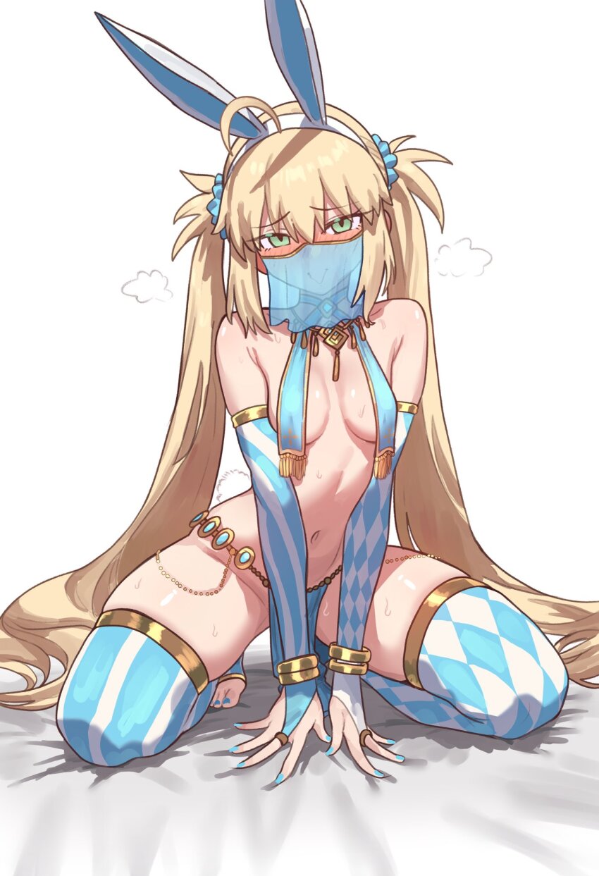 1girl ahoge alternate_costume animal_ears arabian_clothes argyle_clothes argyle_thighhighs artoria_caster_(fate) artoria_caster_(swimsuit_berserker)_(fate) artoria_caster_(swimsuit_berserker)_(second_ascension)_(fate) artoria_pendragon_(fate) blonde_hair blue_bridal_gauntlets blue_nails blue_thighhighs breast_curtains breasts bridal_gauntlets commentary ebora english_commentary fake_animal_ears fate/grand_order fate_(series) green_eyes harem_outfit highres kneeling long_hair looking_at_viewer mouth_veil nail_polish navel pelvic_curtain rabbit_ears simple_background small_breasts solo stirrup_legwear thighhighs toeless_legwear toenail_polish toenails tongue tongue_out twintails two-tone_thighhighs veil