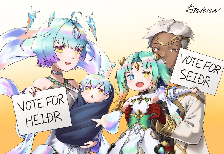 1boy 3girls aged_down aqua_hair baby blonde_hair blue_eyes brown_gloves carrying carrying_person child commentary commission dark-skinned_male dark_skin english_commentary english_text father_and_daughter fire_emblem fire_emblem_heroes gloves gradient_hair green_hair grimaisbestwaifu heidr_(fire_emblem) heterochromia highres holding kiran_(fire_emblem) male_kiran_(fire_emblem) mother_and_daughter multicolored_hair multiple_girls nintendo purple_hair robe seidr_(fire_emblem) signature twintails two-tone_hair white_hair white_robe yellow_eyes