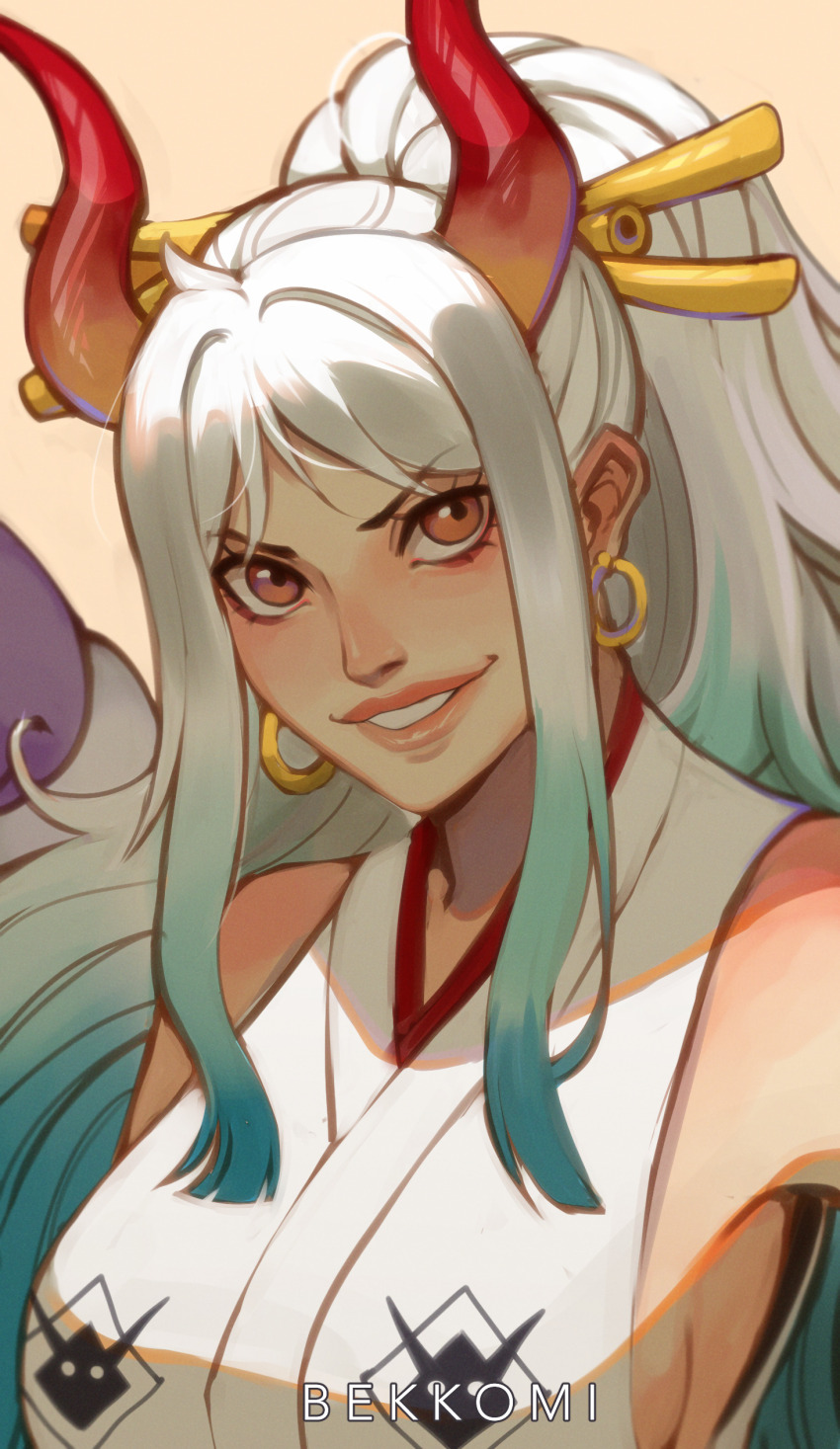 1girl absurdres bare_shoulders bekkomi commentary curled_horns earrings english_commentary hair_ornament hair_stick highres hoop_earrings horns jewelry long_hair multicolored_hair multicolored_horns one_piece oni orange_eyes orange_horns red_horns smile solo teeth two-tone_hair two-tone_horns yamato_(one_piece)