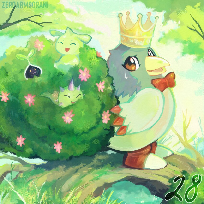 absurdres beak budmon closed_eyes crown delumon digimon digimon_(creature) gummymon highres leaf nyokimon ribbon smile spikes