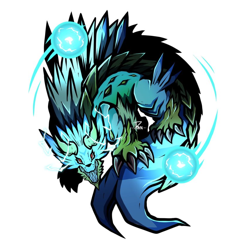 blue_fur body_fur danzart_24 digimon digimon_(creature) electricity full_body highres horns monster_hunter_(series) no_humans red_eyes simple_background white_background wolf yellow_scales zinogarurumon