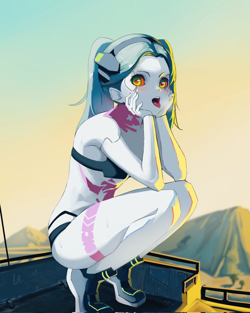 1girl aqua_hair artificial_eye bare_shoulders black_boots black_bra black_panties blurry blurry_background blush boots bra breasts colored_sclera colored_skin commentary cyberpunk_(series) cyberpunk_edgerunners cyborg english_commentary full_body gradient_sky green_eyes grey_skin hairband hands_on_own_face highres leg_tattoo long_hair looking_at_viewer mechanical_eye neck_tattoo open_mouth outdoors panties rasipan rebecca_(cyberpunk) red_pupils red_sclera sky small_breasts solo squatting steam_from_mouth stomach_tattoo sweat tattoo teeth thighs tongue tongue_out twintails underwear underwear_only upper_teeth_only