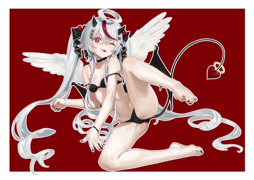 1girl agemmata alternate_costume alternate_hairstyle alternative_version_available black_bow black_bra black_horns black_panties bow bra crossed_bangs demon_tail feathered_wings feet full_body grey_hair hair_between_eyes hair_bow hair_ornament hair_spread_out hairclip horns long_sidelocks lying multicolored_hair nail_polish one_eye_closed one_leg_raised panties phase_connect pointy_ears red_background red_bow red_eyes red_hair remilia_nephys solo spread_toes streaked_hair tail tail_ornament toe-point toenail_polish toenails toes tongue tongue_out underwear very_long_sidelocks virtual_youtuber white_wings wiggling_toes wings wink