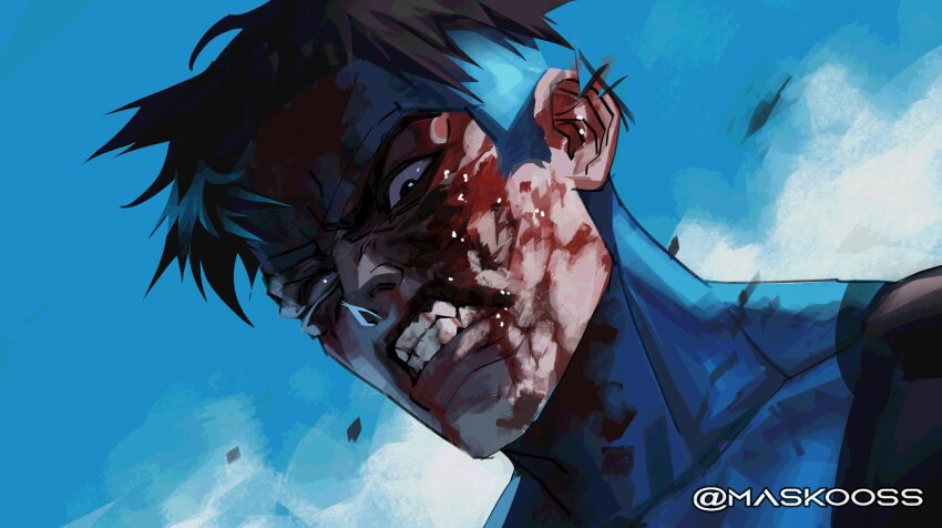 1boy @_(symbol) artist_name black_hair blood blood_on_clothes blood_on_face bodysuit bruise bruised_eye clenched_teeth highres injury invincible_(character) invincible_(series) looking_down mark_grayson maskoo185826 short_hair solo spandex superhero_costume teeth torn_clothes