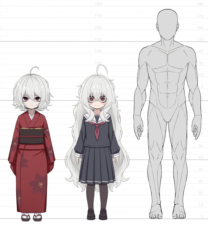 1boy 2girls absurdres ahoge bags_under_eyes black_serafuku eha7y hair_between_eyes height_chart highres japanese_clothes kimono long_hair mannequin messy_hair multiple_girls original pantyhose petite pleated_skirt red_eyes red_kimono school_uniform serafuku short_hair skirt wasabi-chan_(eha7y) white_hair